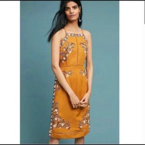 Anthropologie Mustard Embroidered Midi Dress Size 4